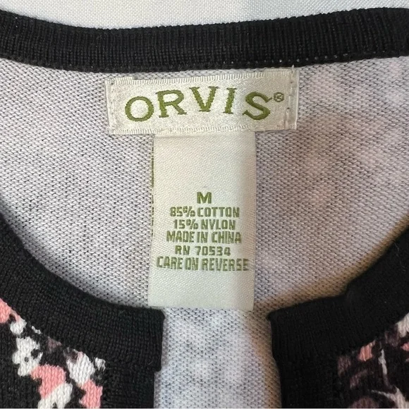 Orvis Cotton Knit 3/4 Sleeve Pullover Sweater Top Sz M Black Pink Floral EUC - Picture 3 of 11